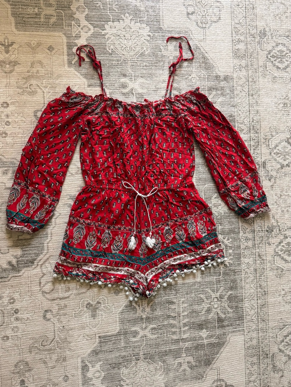 BAND OF GYPSIES Red Off-Shoulder Boho Romper shoulder and waist tie and pockets